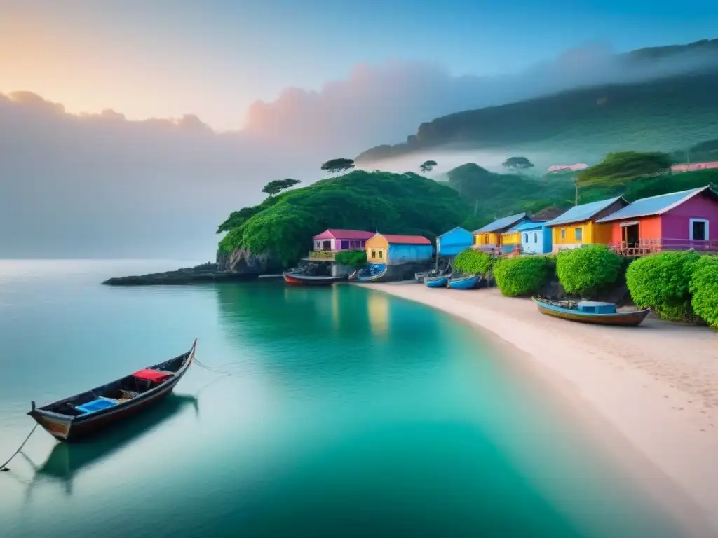 Pintoresco pueblo costero al amanecer con barcos de pesca y casas coloridas, reflejando una auténtica comunidad