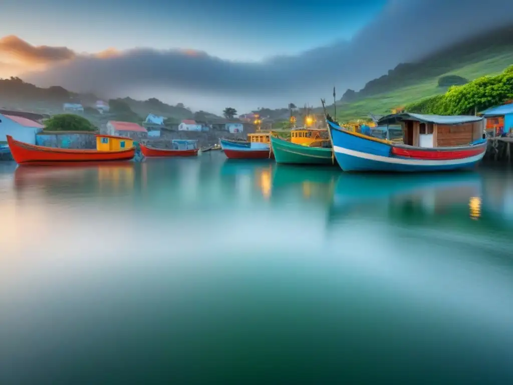 Pintoresco pueblo costero al amanecer, con botes de pesca coloridos en aguas tranquilas, rodeado de exuberante vegetación y cielo despejado reflejando la primera luz del alba