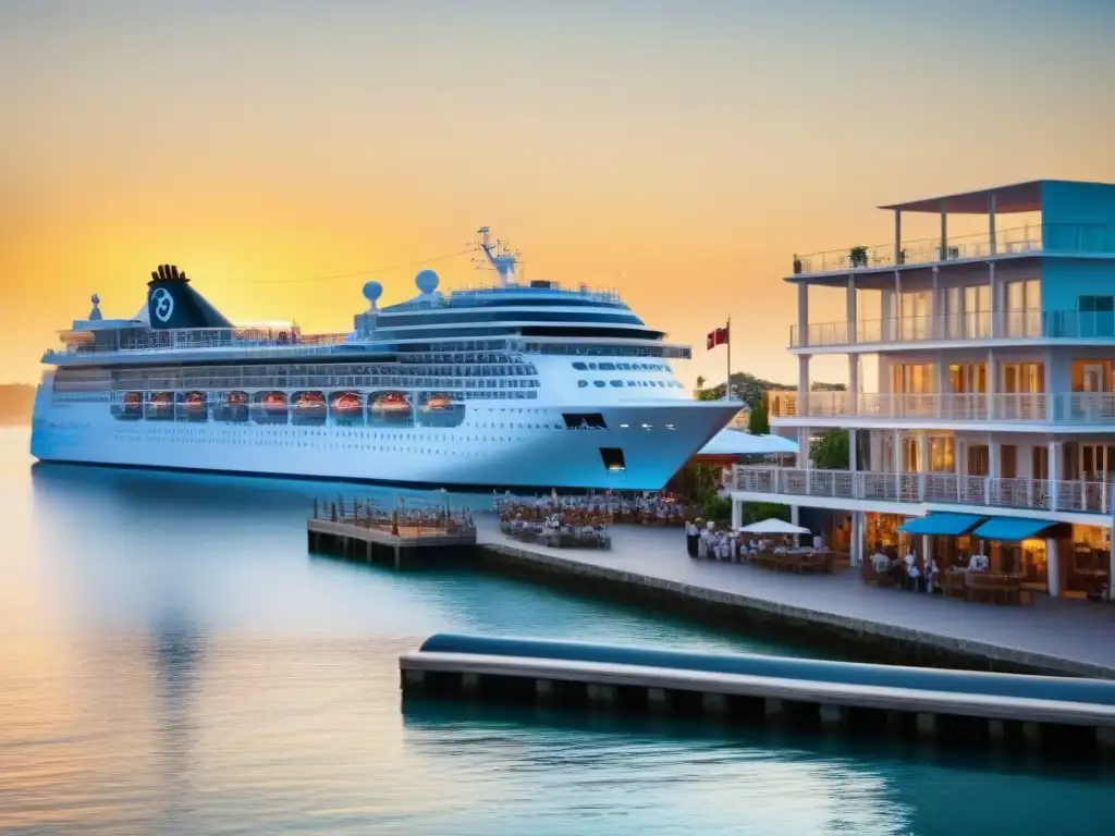 Pintoresco pueblo costero iluminado por la dorada luz del atardecer con un crucero moderno en el puerto