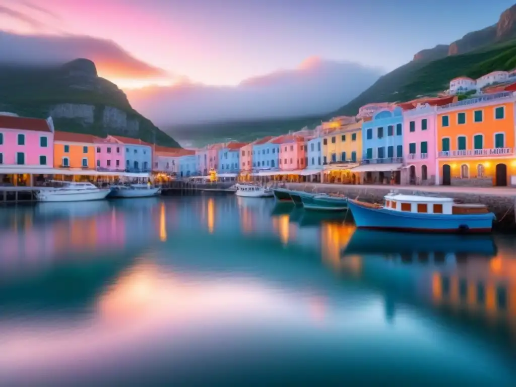 Pintoresco pueblo costero al amanecer, reflejando la industria de cruceros turísticos