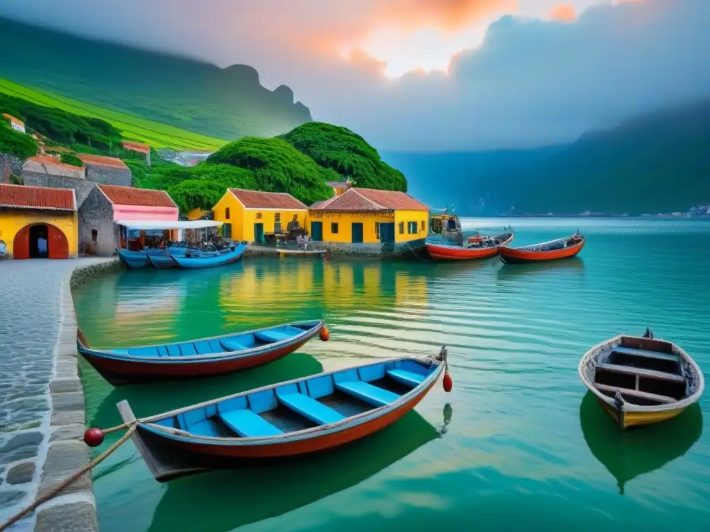 Pintoresco pueblo costero entre montañas verdes, barcos de pesca en un puerto tranquilo al atardecer