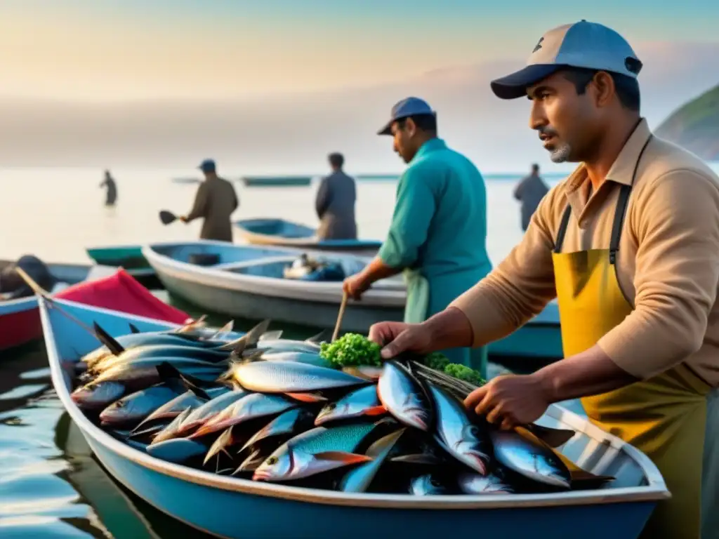 Un pintoresco pueblo costero vibrante con pescadores locales descargando mariscos frescos, chefs seleccionando ingredientes