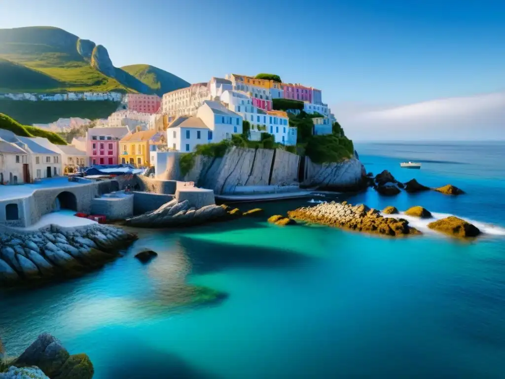 Pintoresco pueblo pesquero costero con arquitectura tradicional y coloridas casas en la costa