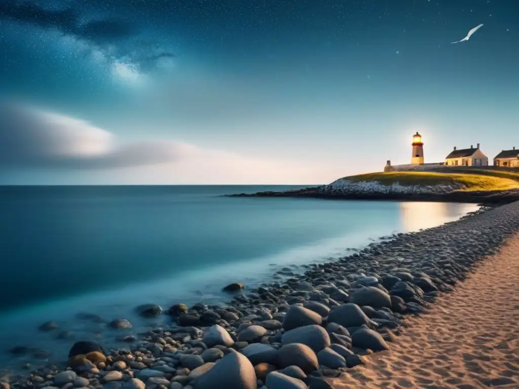 Pintura en blanco y negro de un tranquilo pueblo costero con barcos, gaviotas y un faro bajo un cielo estrellado