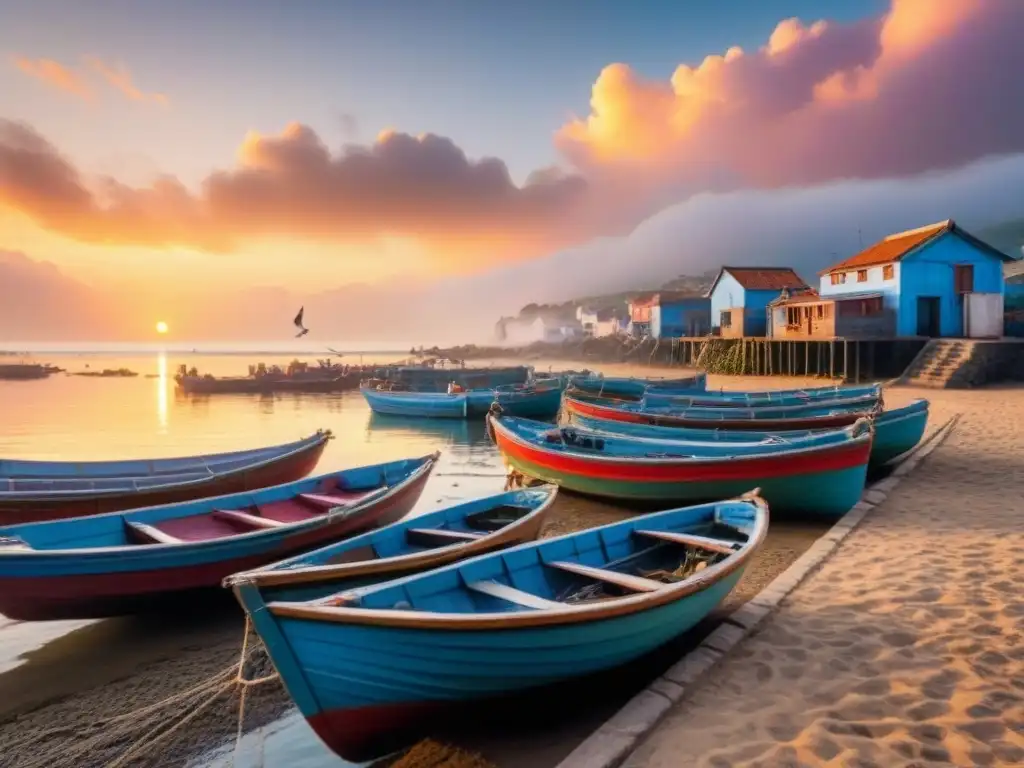 Pintura detallada de una aldea pesquera tradicional al amanecer, con barcos coloridos, pescadores y gaviotas