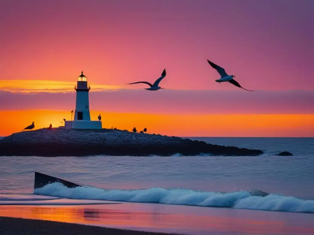 Pintura detallada de un faro silueteado al atardecer junto al mar, reflejando las artesanías del mar comunidades costeras