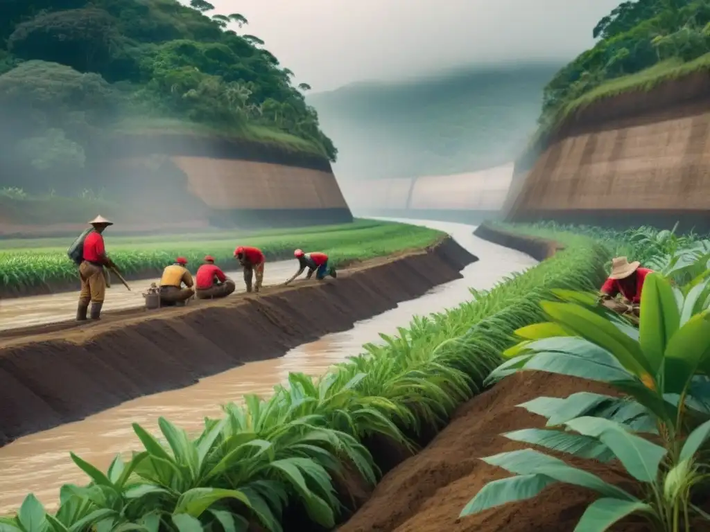 Pintura digital detallada de exploradores y nativos construyendo el Canal de Panamá en un paisaje tropical