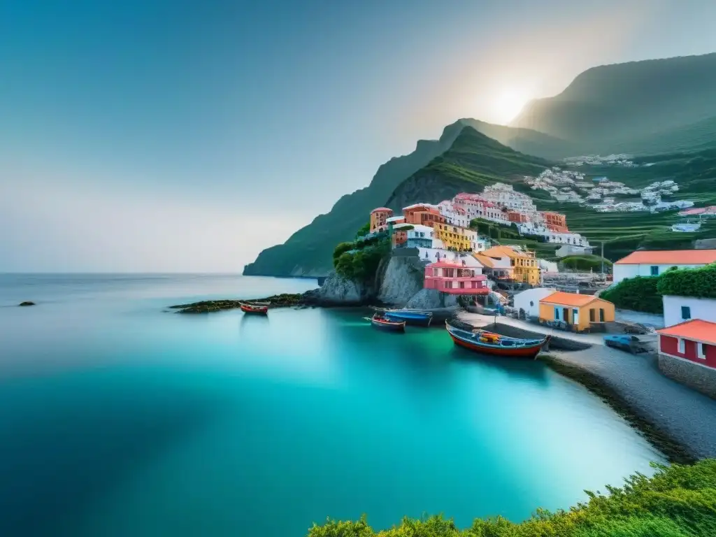 Pintura minimalista de un pueblo costero tranquilo con botes de pesca coloridos en la orilla, montañas verdes y mar turquesa