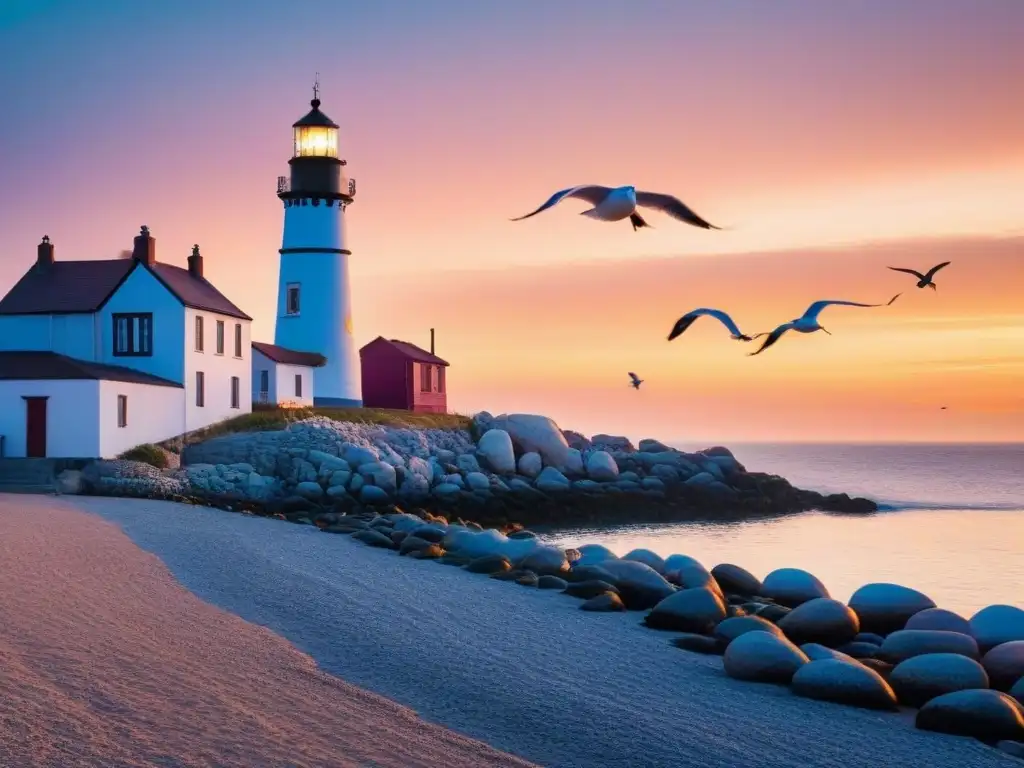 Pintura minimalista de un pueblo costero con barcos, un faro y gaviotas al atardecer