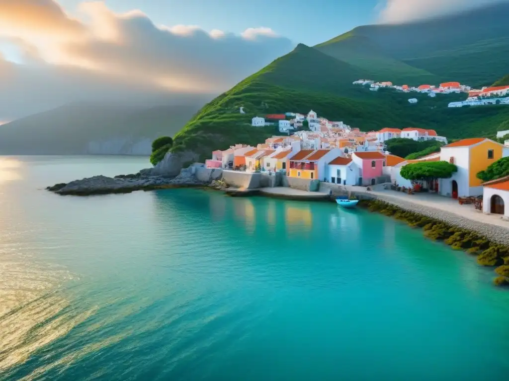 Pintura de un pueblo costero entre montañas verdes y mar turquesa