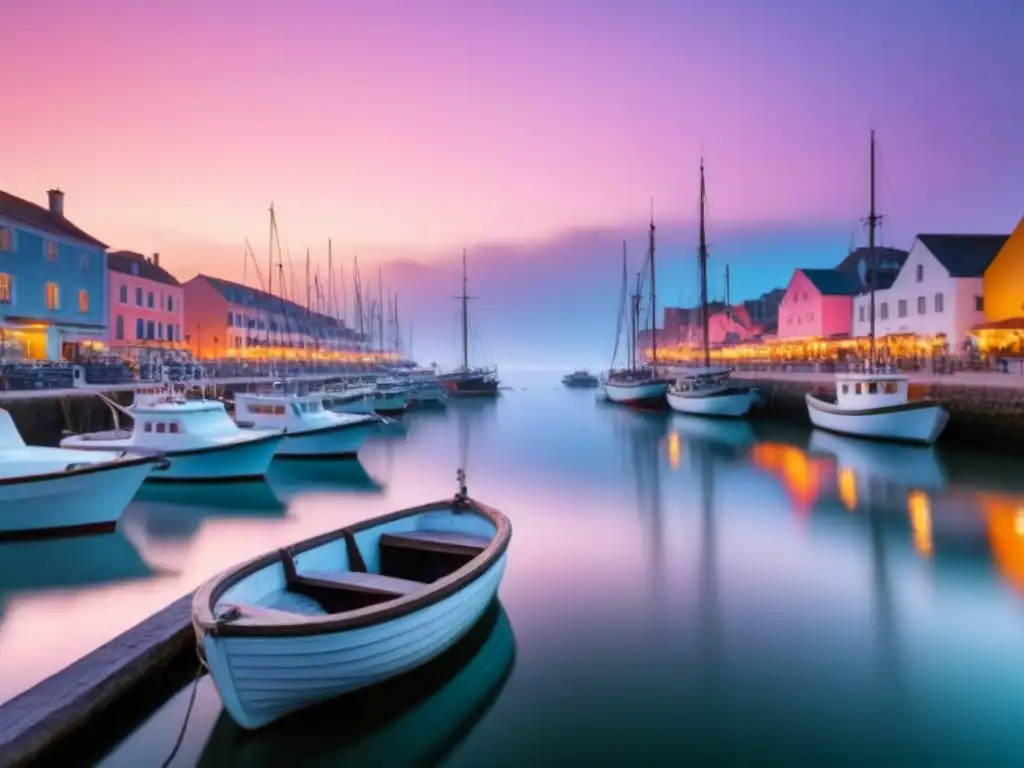 Pintura tranquila de un puerto costero al amanecer, con botes de pesca y gaviotas