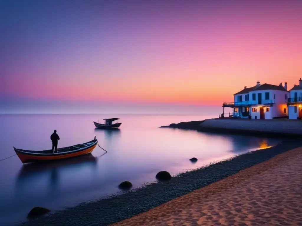 Pintura de un vibrante atardecer sobre un tranquilo pueblo costero con barcos pesqueros en silueta flotando en el agua