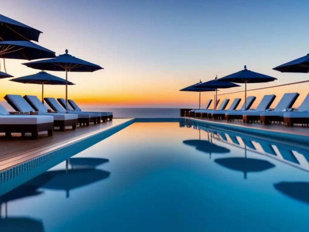 Una piscina de crucero de lujo al atardecer, con agua cristalina reflejando el cielo, rodeada de elegantes tumbonas y sombrillas