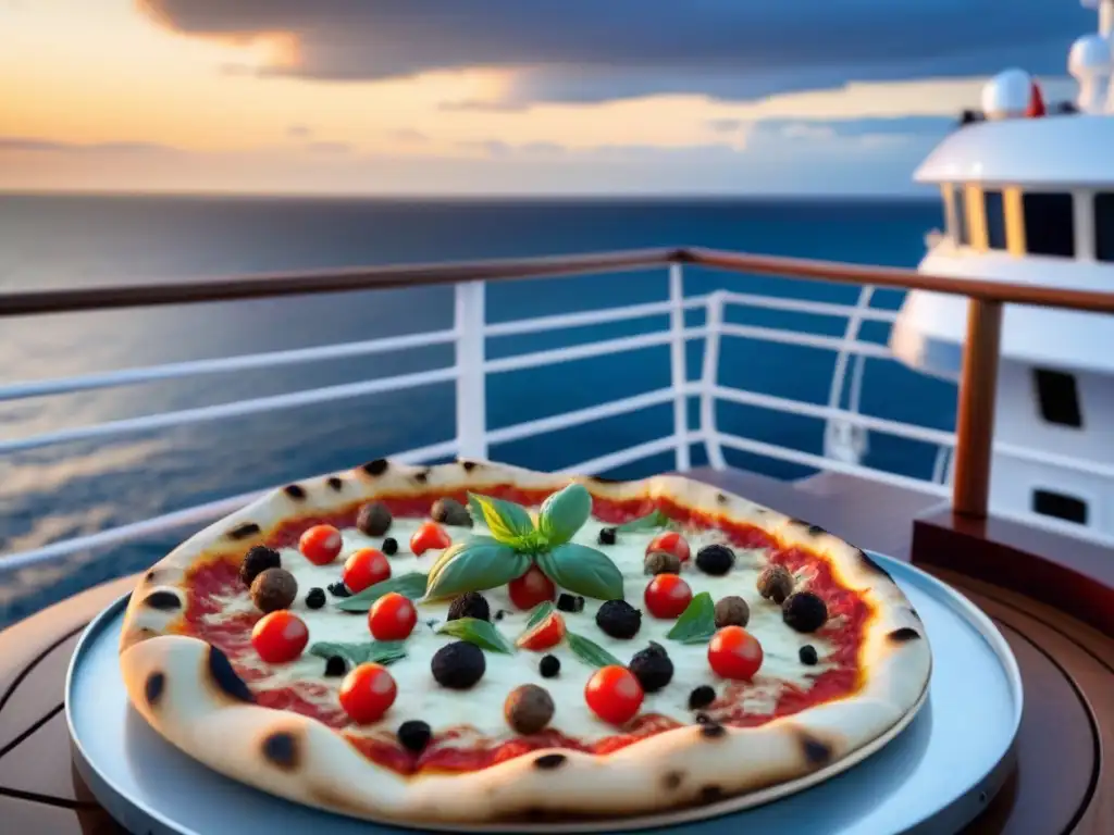 Pizza gourmet en crucero marítimo, detalle exquisito con trufa, albahaca y tomates cherry al atardecer