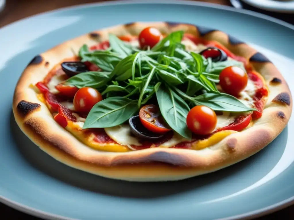 Pizza gourmet crucero marítimo: Detalles coloridos y frescos como rúcula, tomates cherry, prosciutto y glaseado balsámico en una presentación elegante