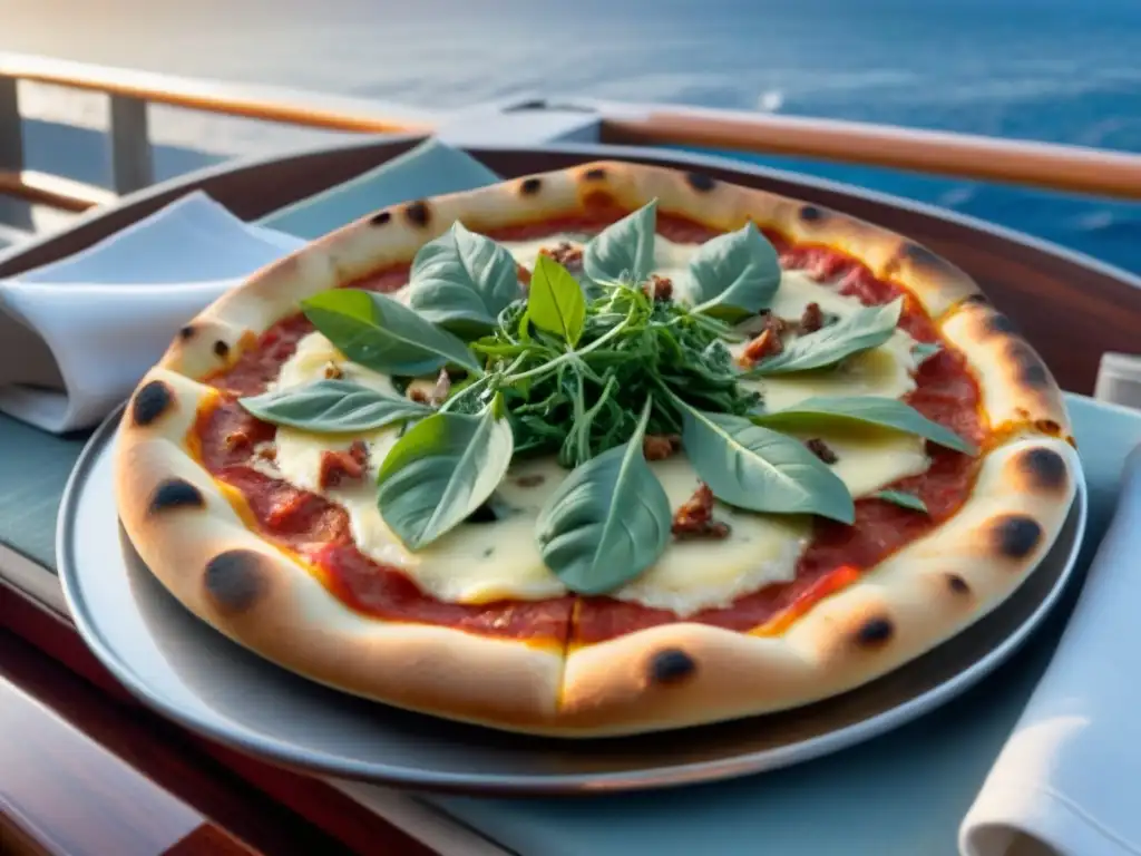 Pizza gourmet con ingredientes de alta calidad en un crucero marítimo, con vista al mar