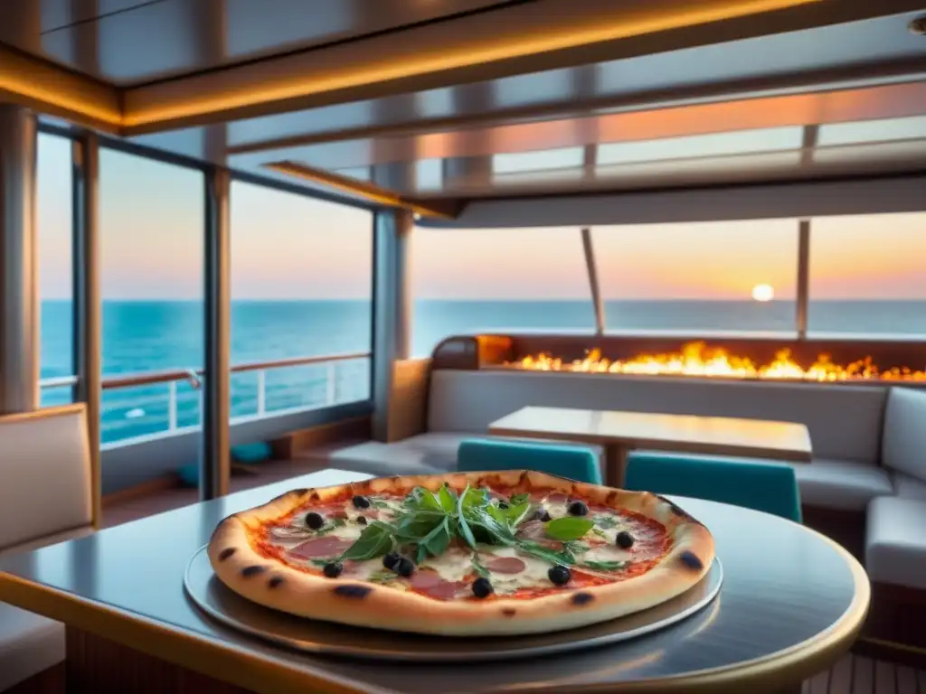 Pizzas gourmet en crucero marítimo al atardecer, con horno moderno y elegante, toppings vibrantes y atmósfera sofisticada