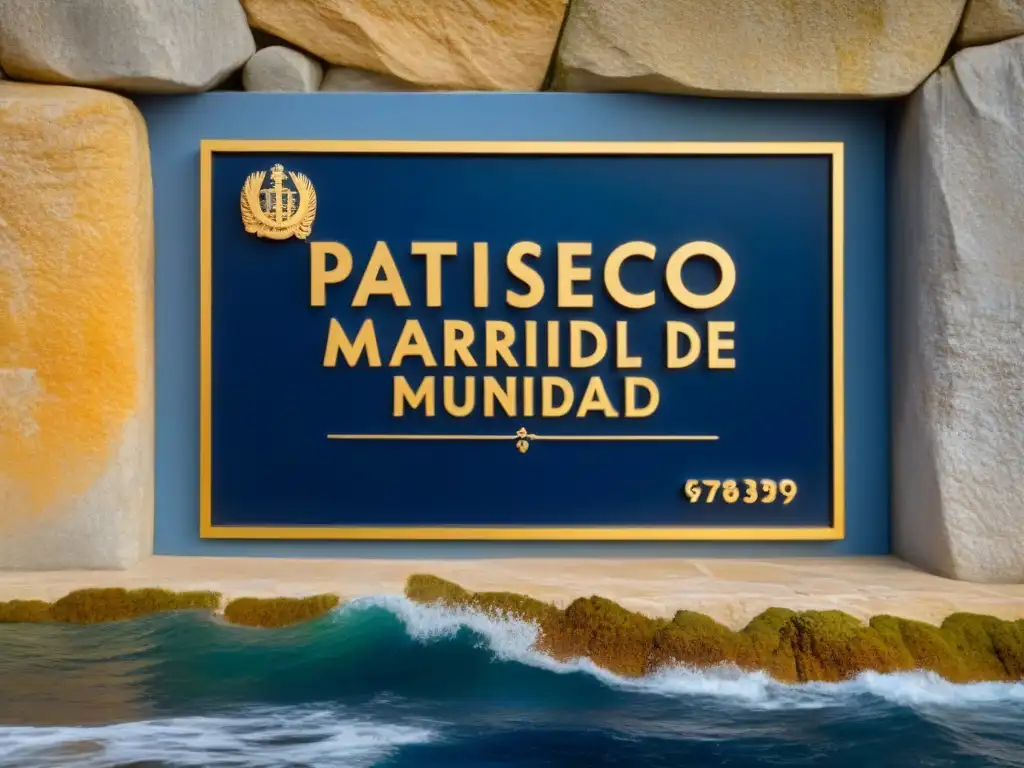 Placa de Patrimonio Marítimo Mundial de la UNESCO en pared de piedra junto al mar, transmitiendo la importancia de preservar la cultura marítima