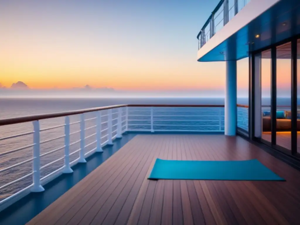 Plataforma de yoga vacía al amanecer en crucero de lujo, con calma en el mar