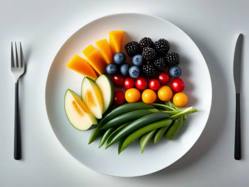 Un plato armonioso de frutas y verduras frescas, colores vibrantes en contraste con fondo blanco