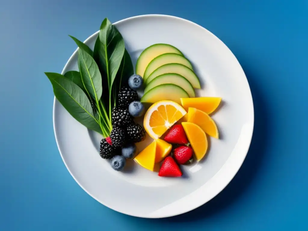 Un plato blanco decorado con frutas frescas y verduras, chía, frente al mar azul y cielo despejado