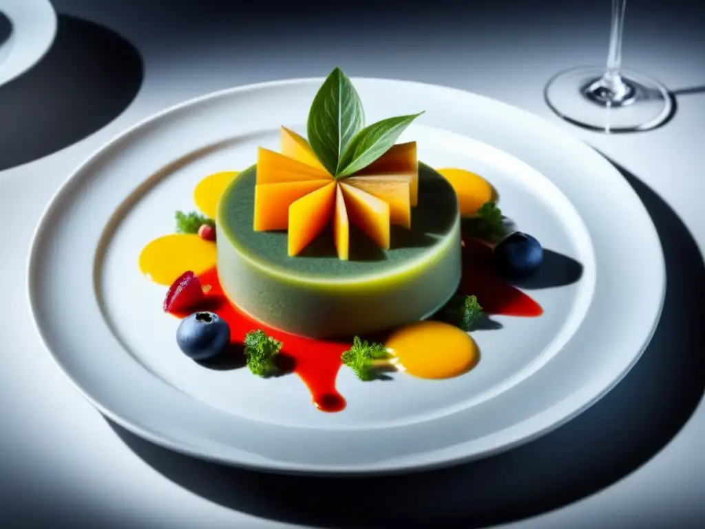 Un plato exótico de crucero: una obra maestra gourmet con sabores y colores vibrantes en una presentación artística y sofisticada