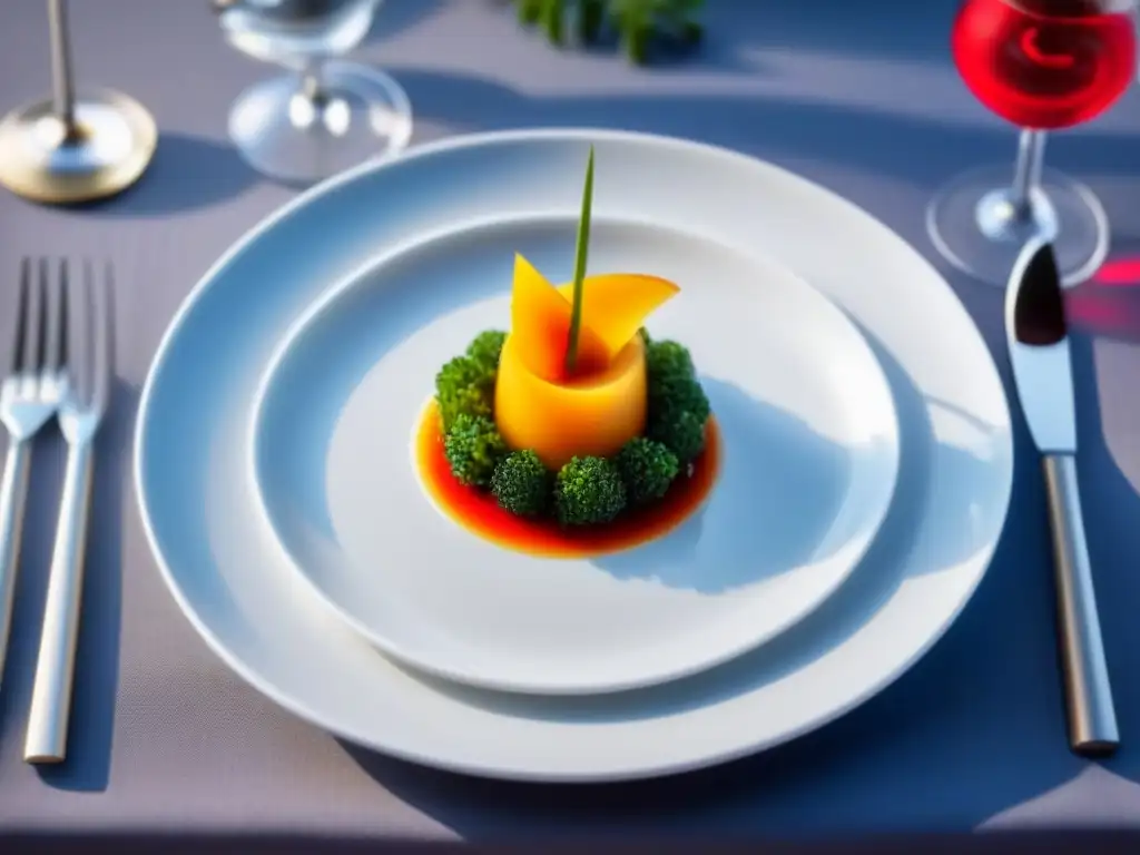 Plato exótico en crucero: obra de arte gastronómica en elegante presentación blanca