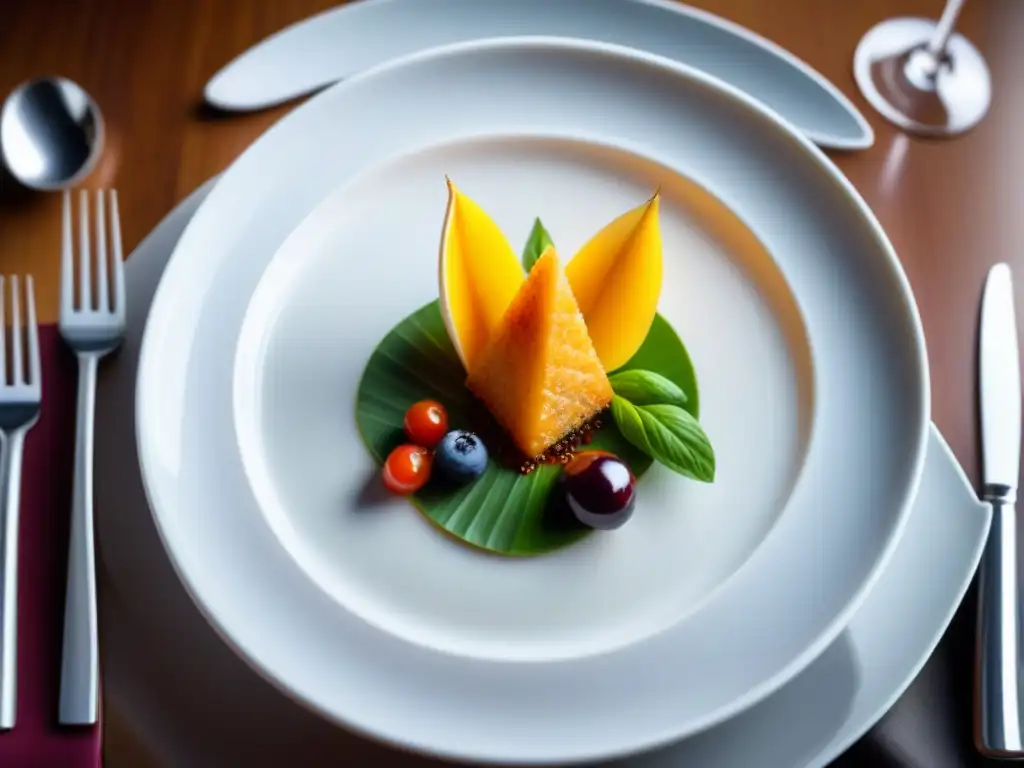 Un plato exótico en un crucero con una presentación artística y vibrantes colores, invitando a explorar la gastronomía de alta mar