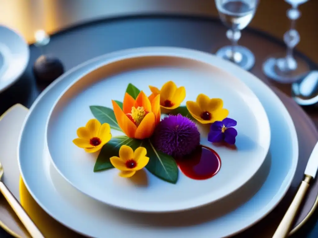 Plato exótico de crucero: vibrante, elaborado con flores comestibles y láminas de oro, en un elegante plato blanco