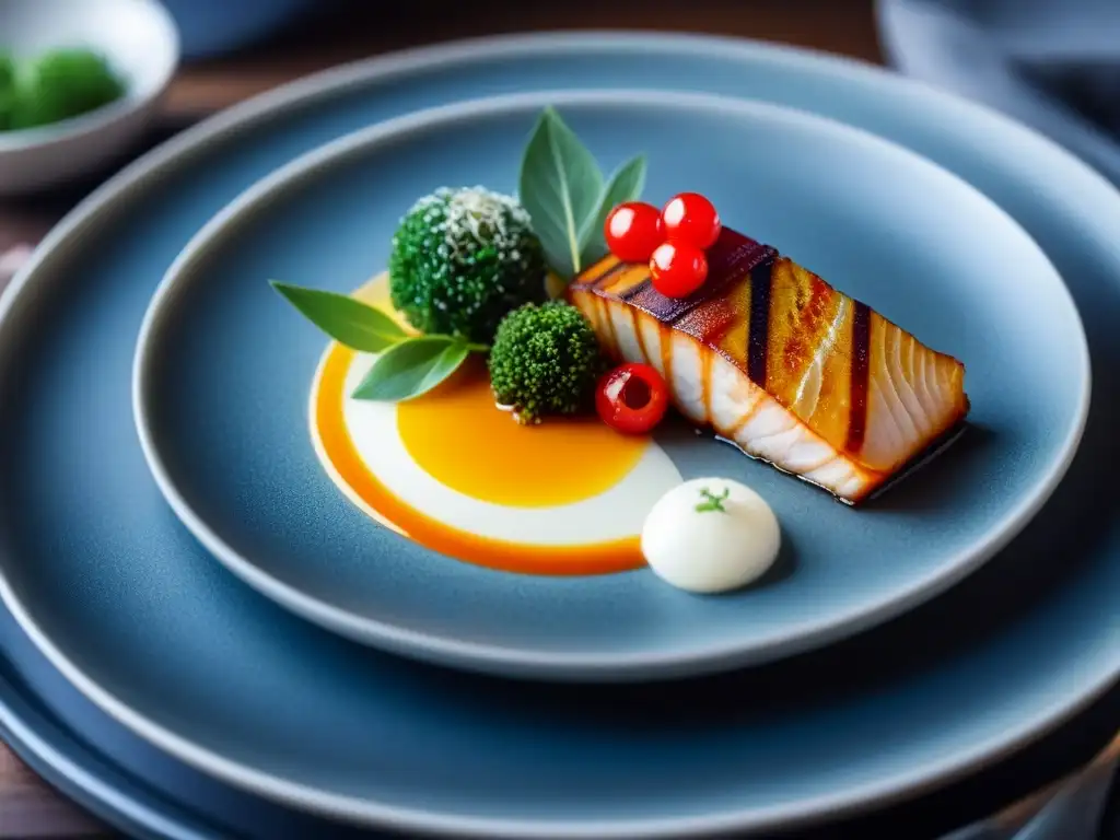 Un plato exquisito que fusiona elementos de la cocina italiana y japonesa, presentado con arte en un elegante plato moderno