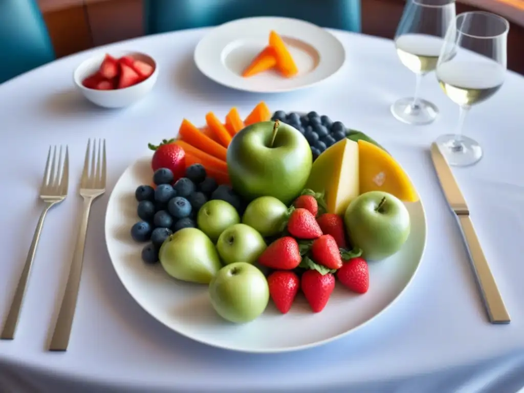 Plato moderno con coloridas frutas y verduras frescas, ideal para fitness en cruceros comida saludable