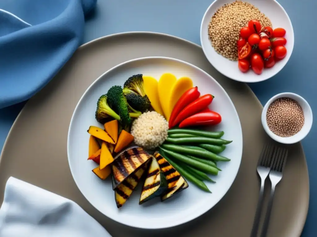 Un plato de opciones saludables en cruceros: verduras a la parrilla, proteínas magras y quinoa, presentados de forma colorida y apetitosa