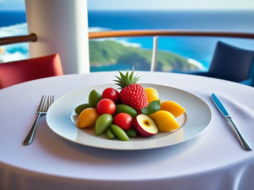 Plato saludable en crucero marítimo con frutas y verduras vibrantes