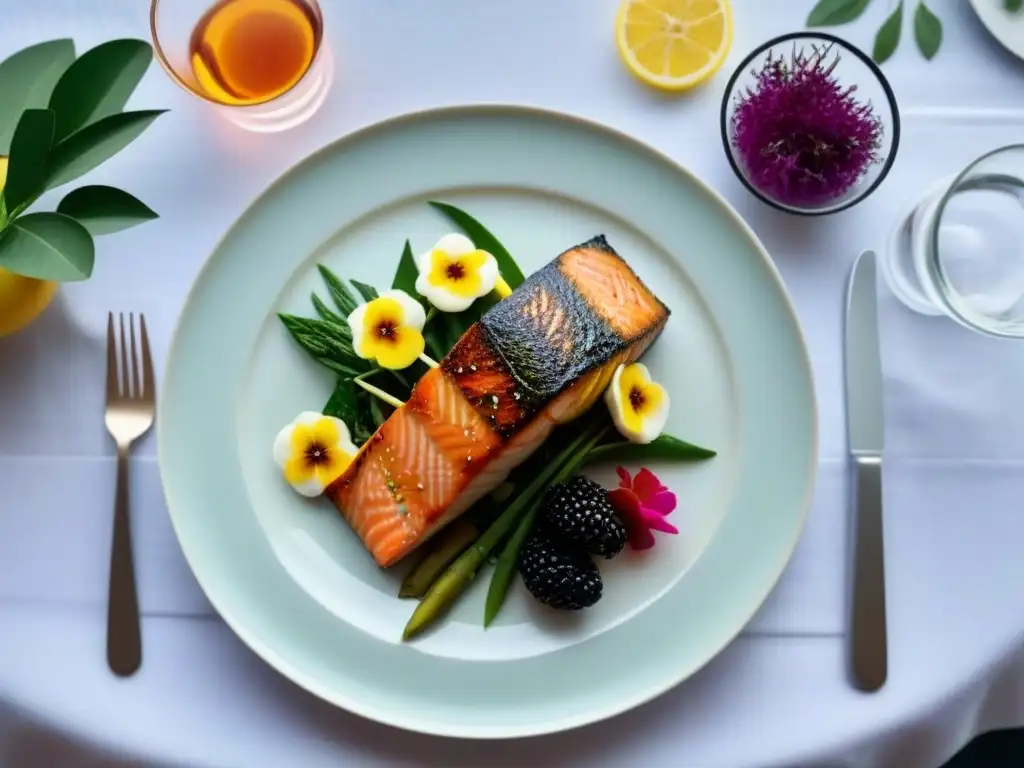 Plato saludable con salmón a la parrilla, ensalada de quinua, vegetales asados y fruta fresca