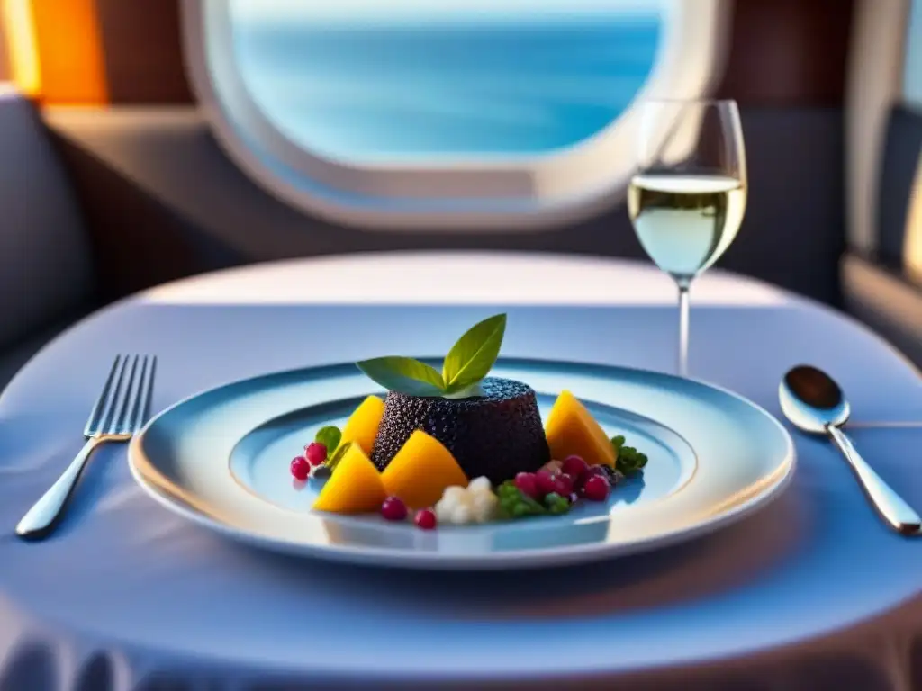 Platos exóticos en cruceros: delicia gastronómica en mesa elegante y moderna, resaltando colores vibrantes y decoraciones intrincadas