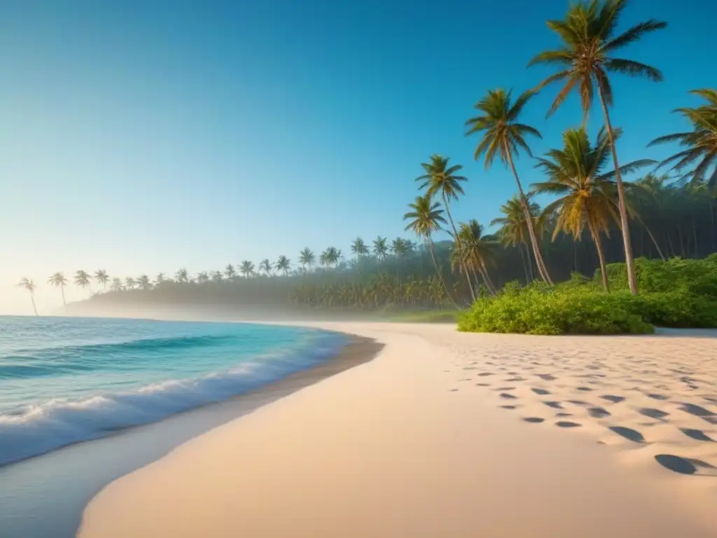 Playa virgen con aguas cristalinas y palmeras bajo cielo azul