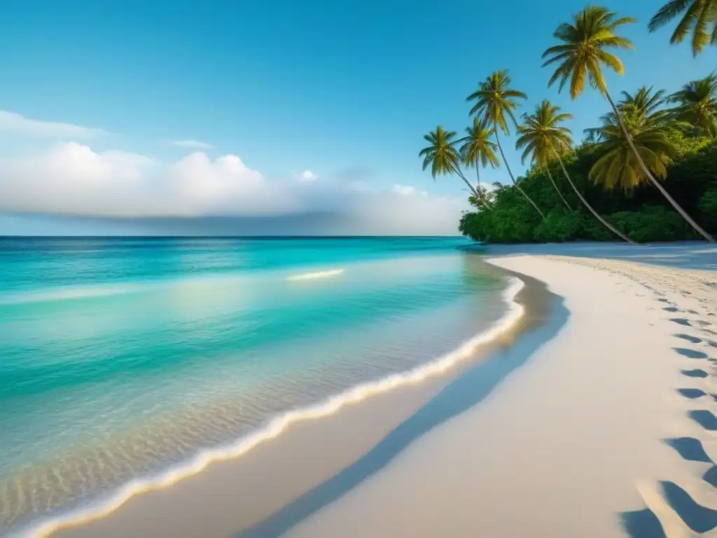 Playa virgen con aguas turquesa, arena blanca y palmeras