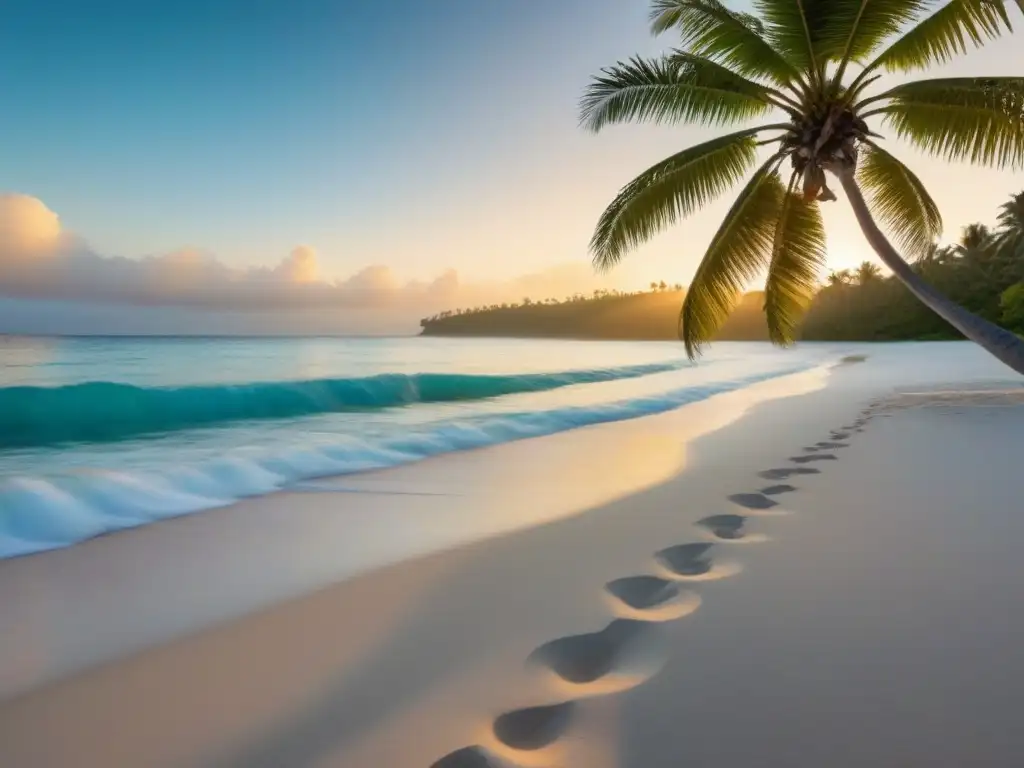 Playa virgen al amanecer, aguas turquesa cristalinas y palmera solitaria