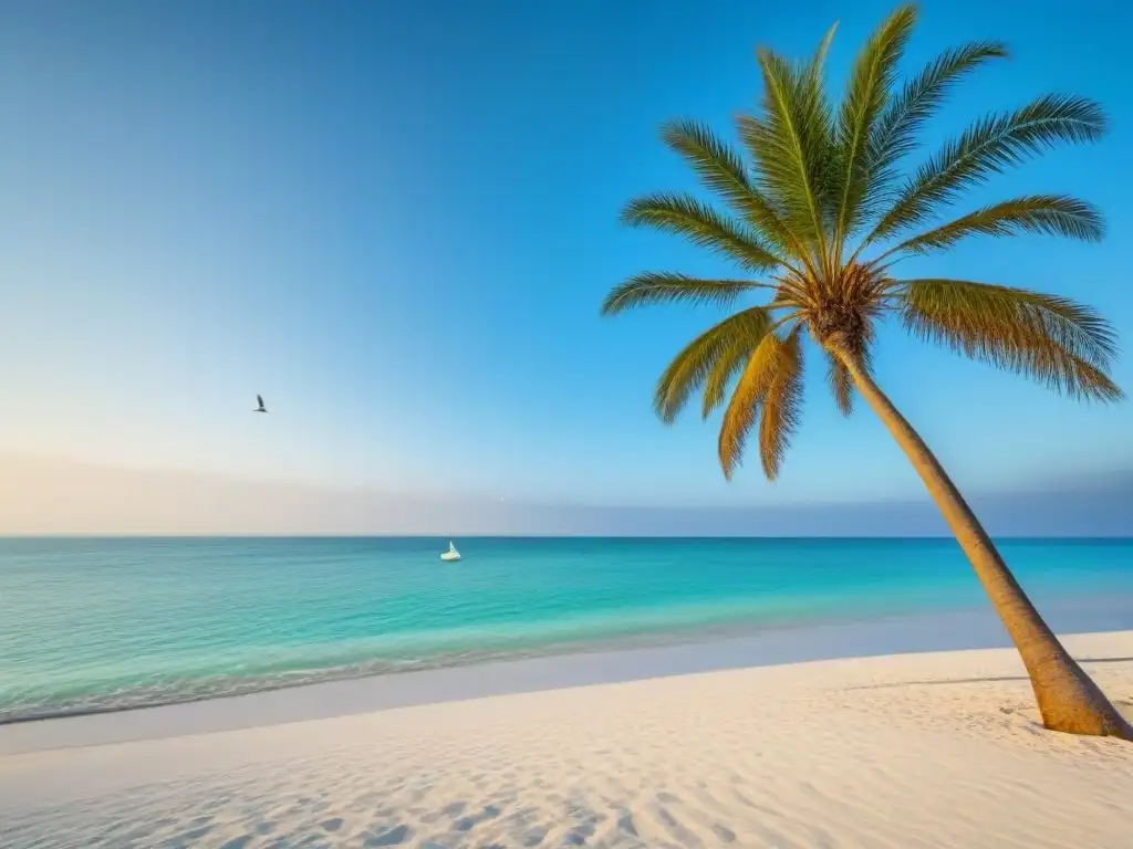 Playa virgen con aguas turquesa y palmera solitaria