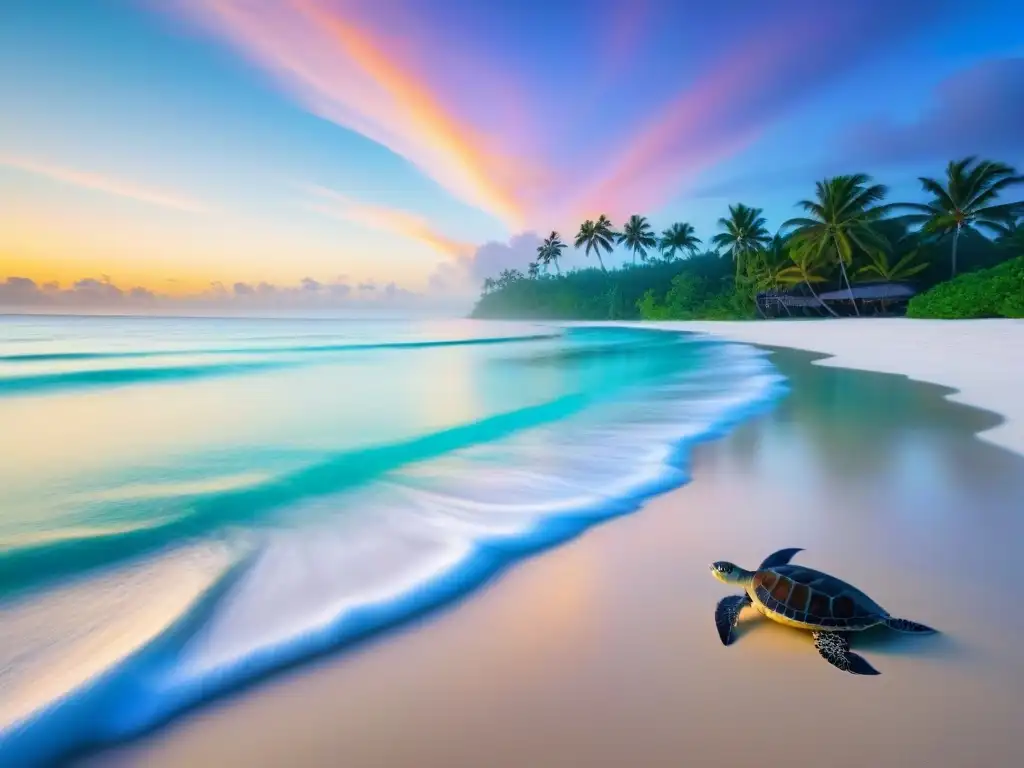 Playa virgen al amanecer con aguas turquesas, palmeras silueteadas y una tortuga marina