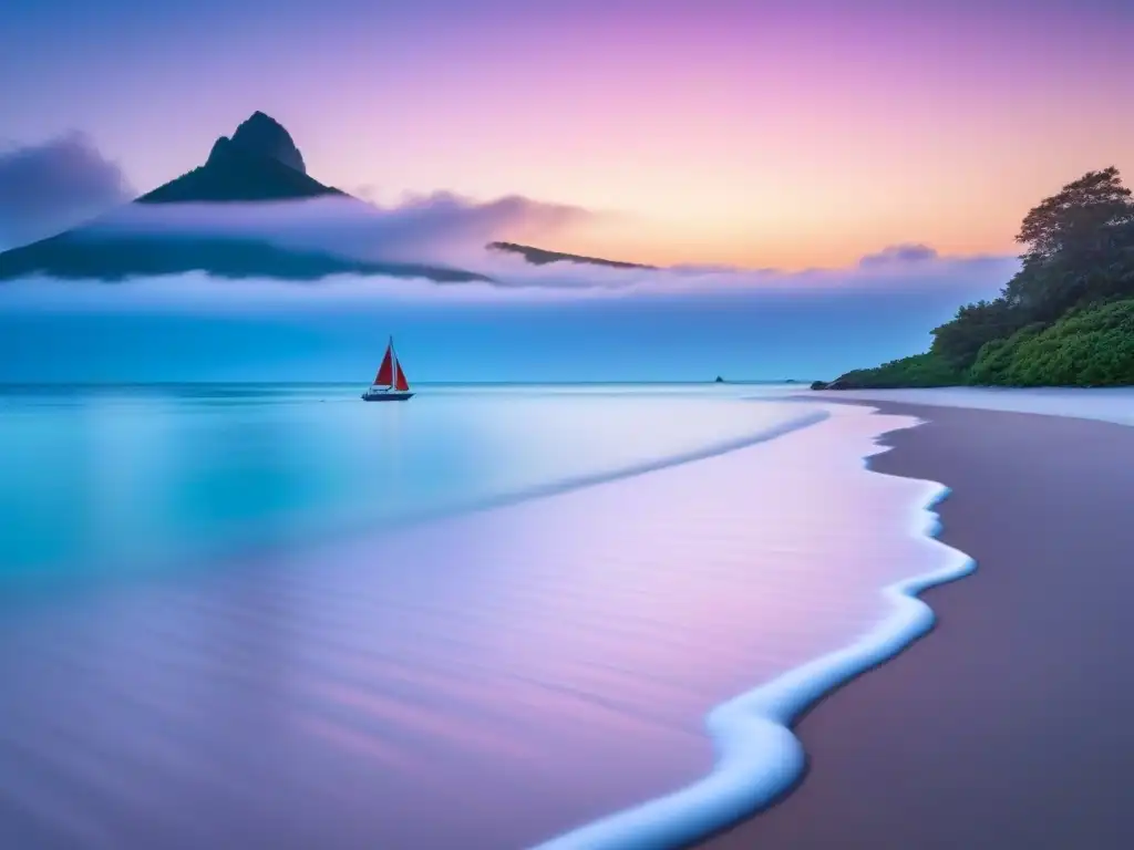 Playa virgen al amanecer, aguas turquesas y velero en calma