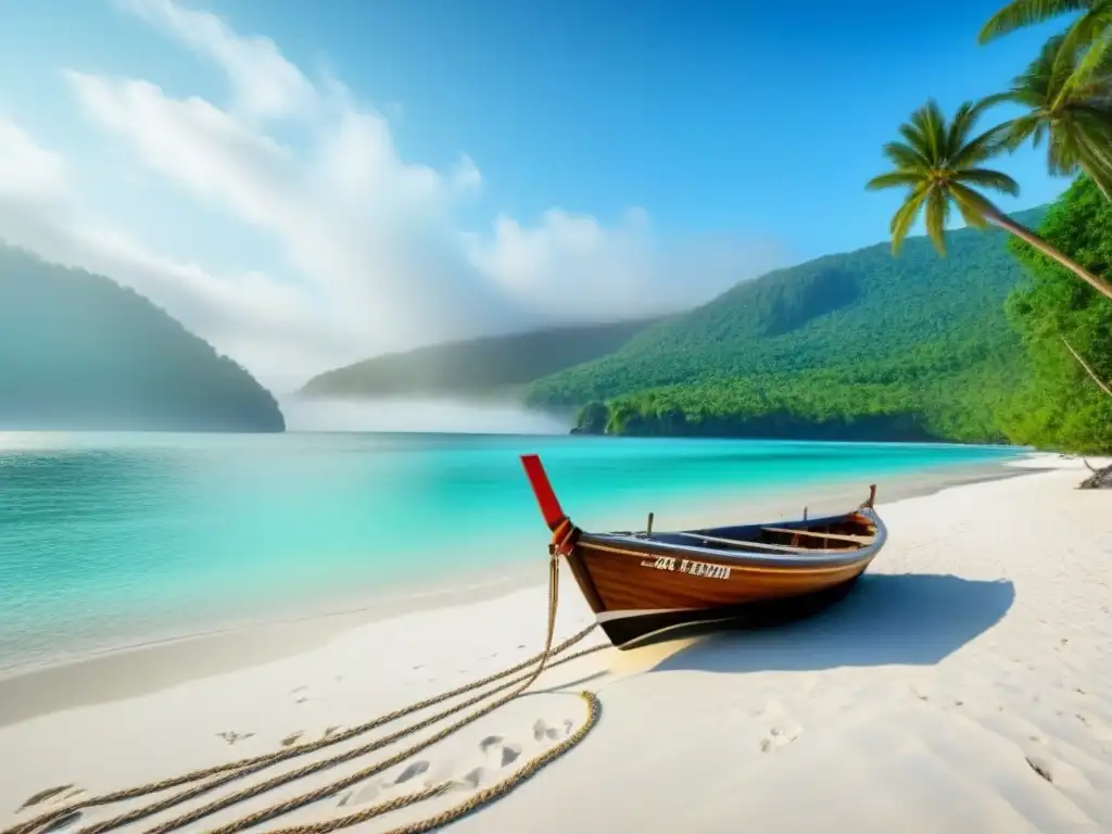 Playa de arena blanca con agua turquesa, bosque verde, bote de vela blanco cerca de la orilla