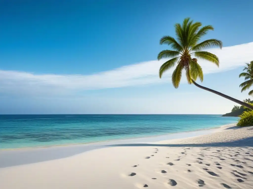 Playa de arena blanca y aguas turquesas, con palmera y arrecifes de coral