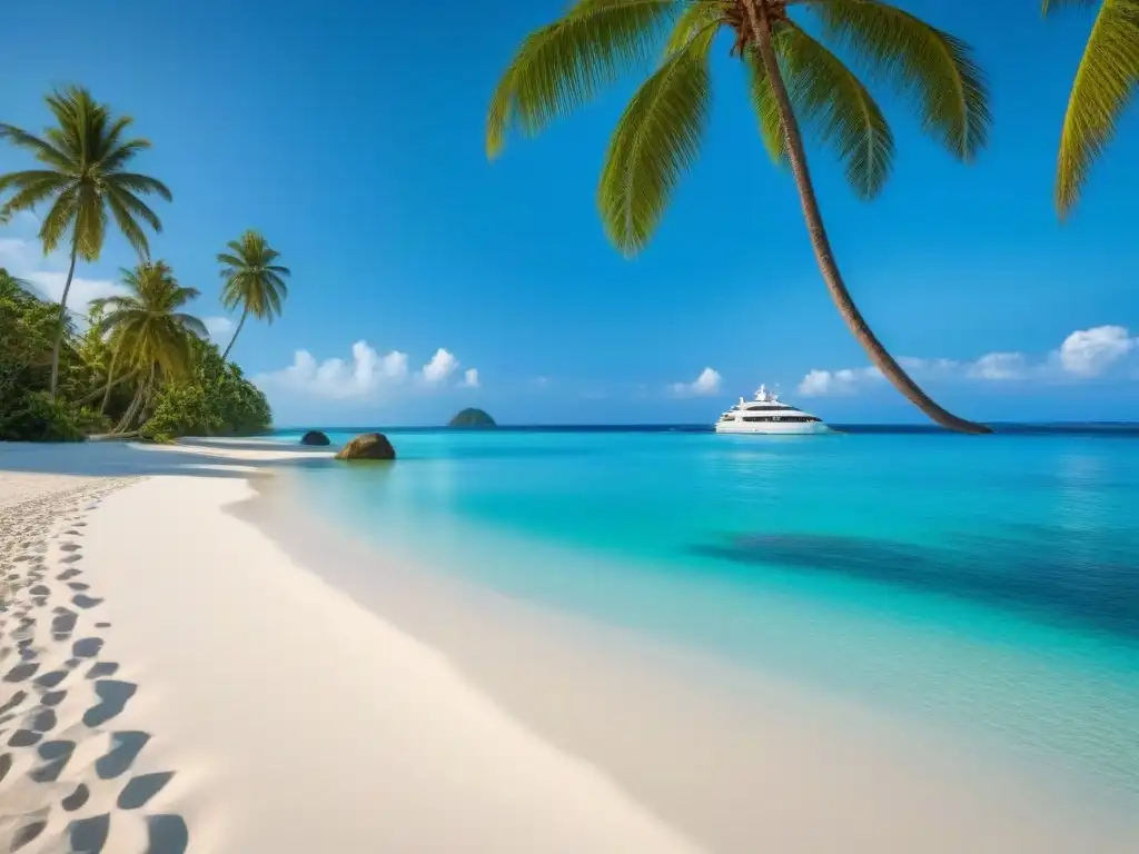 Playa de arena blanca, aguas turquesas y yate en isla paradisíaca