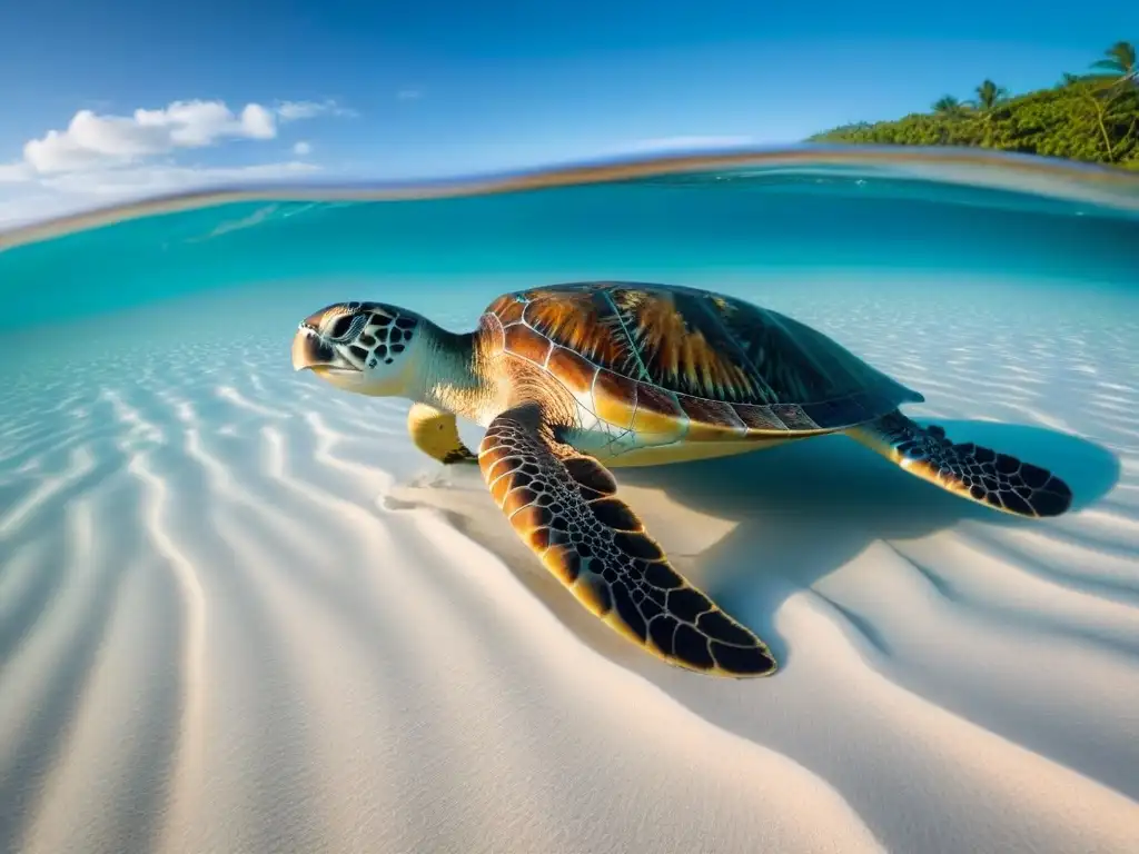 Playa de arena blanca y aguas turquesas cristalinas, con tortuga marina y arrecife de coral vibrante