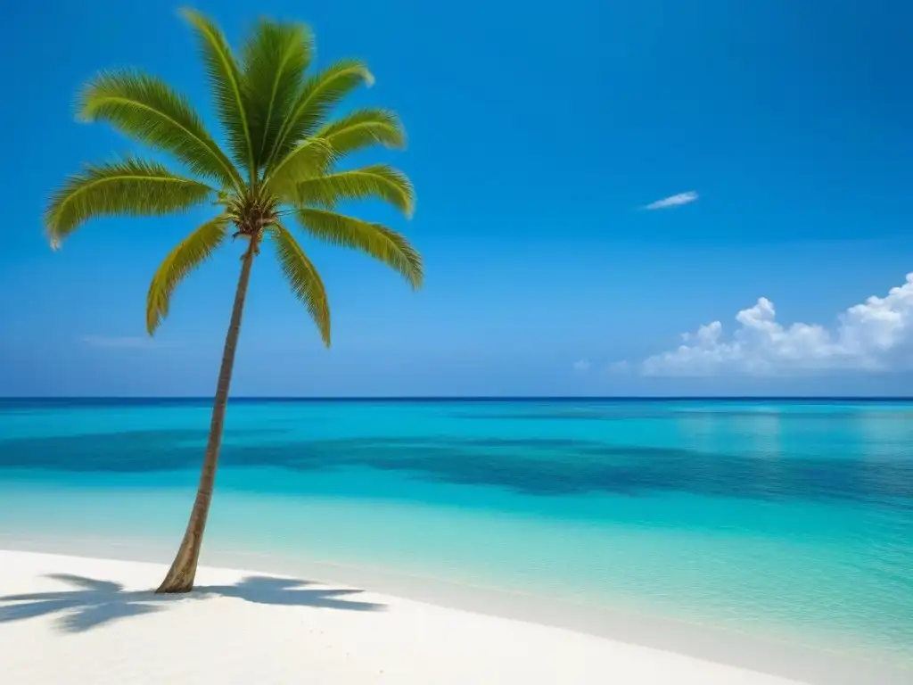 Playa de arena blanca y mar turquesa, con selva tropical, palmera y arrecife de coral vibrante