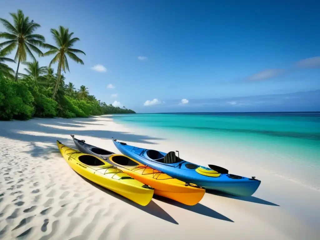 Playa de arena blanca y palmeras verdes bajo cielo azul, kayaks en la orilla