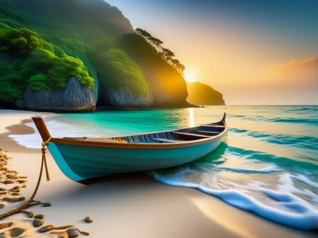 Playa escondida rodeada de vegetación exuberante y aguas turquesas cristalinas al atardecer