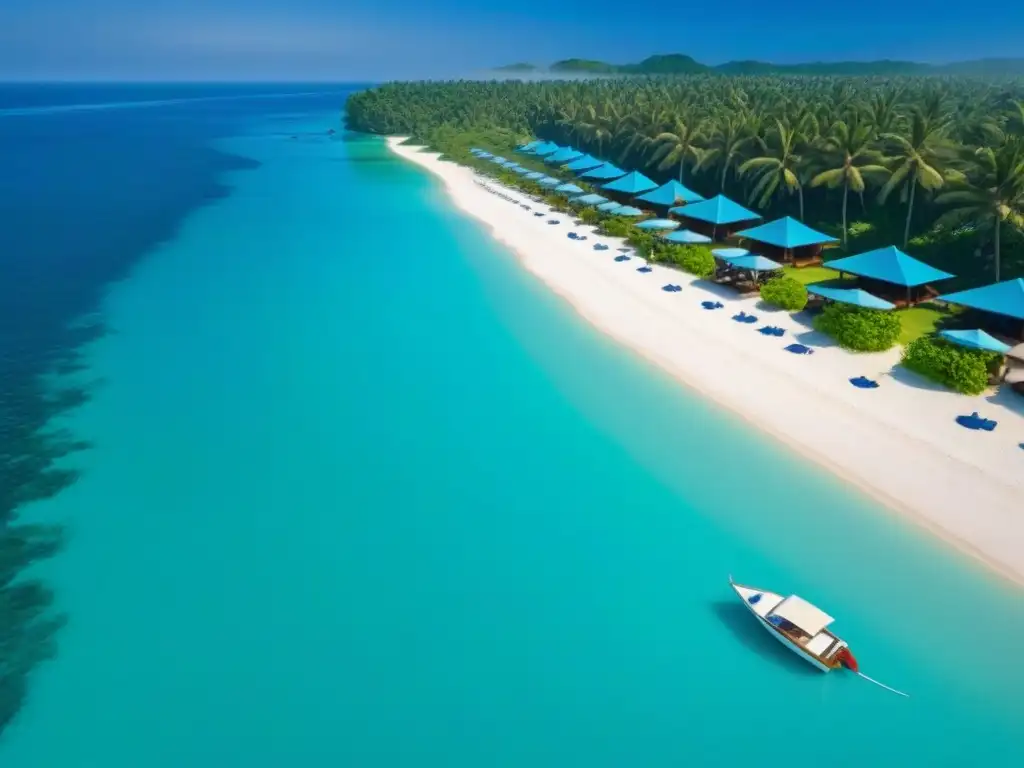 Playa paradisíaca con aguas turquesas, arena blanca, palmeras verdes y sol brillante