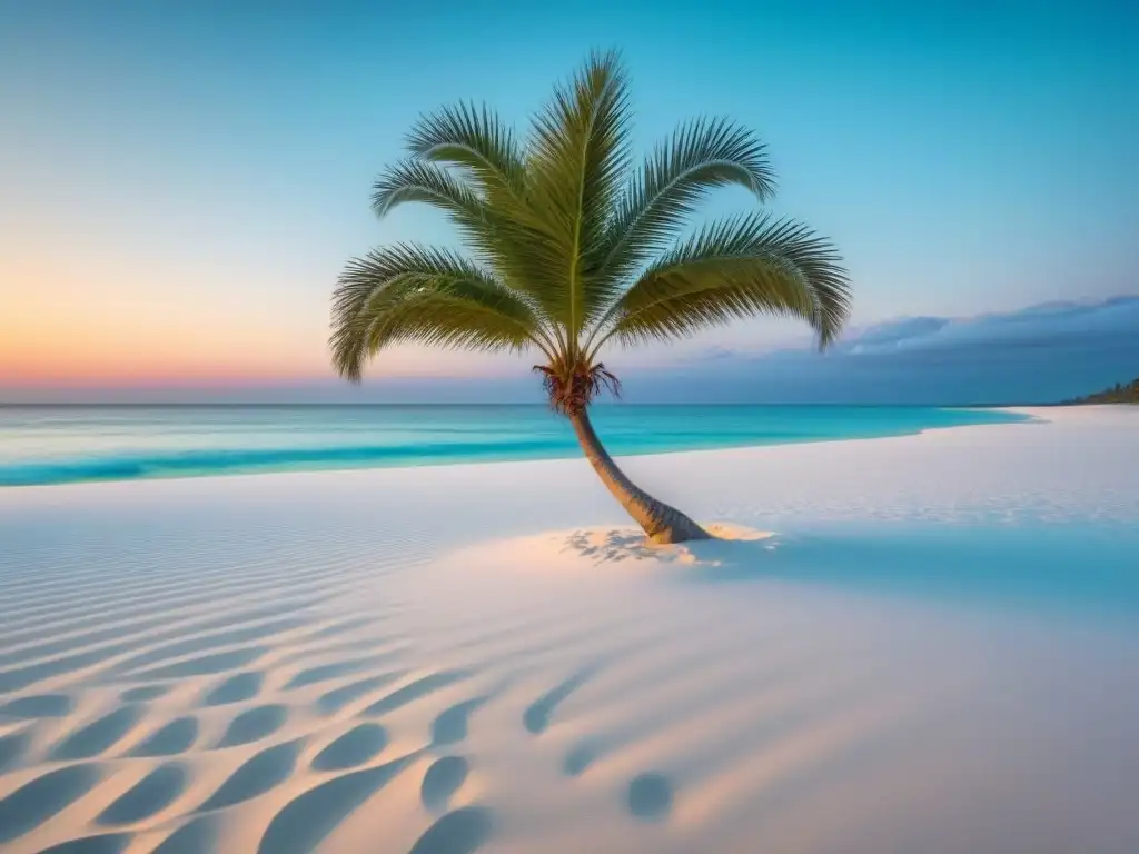 Playa paradisíaca con arena blanca, aguas cristalinas y palmera solitaria